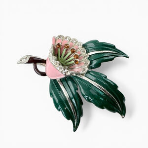 Vintage 1930s 1940s Enamel Floral Brooch Large 2.75” Rhinestone Flower Pin Retro